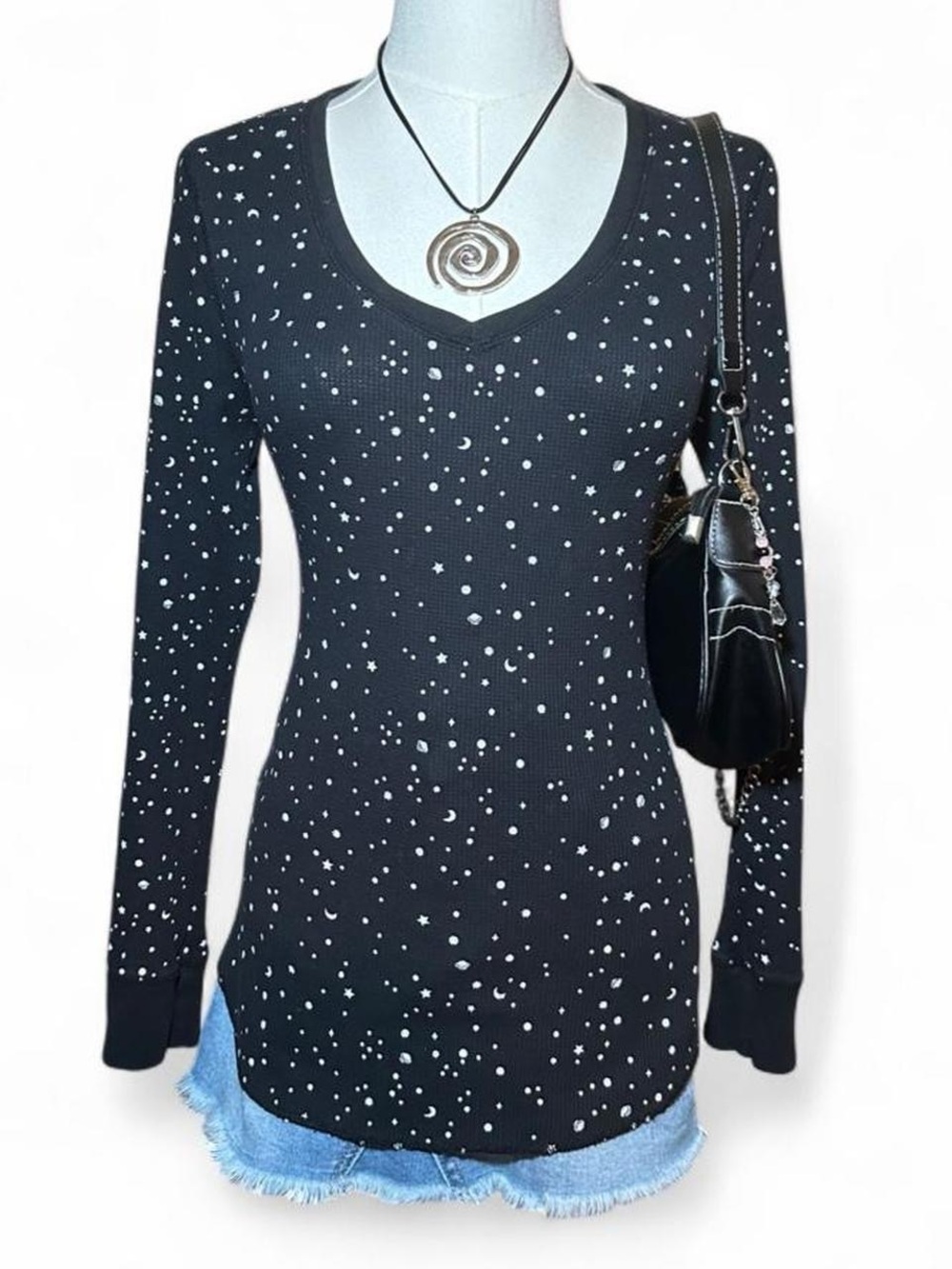 Old Navy Black Star & Moon V-Neck Long Sleeve Top Celestial Whimsygoth Cozy